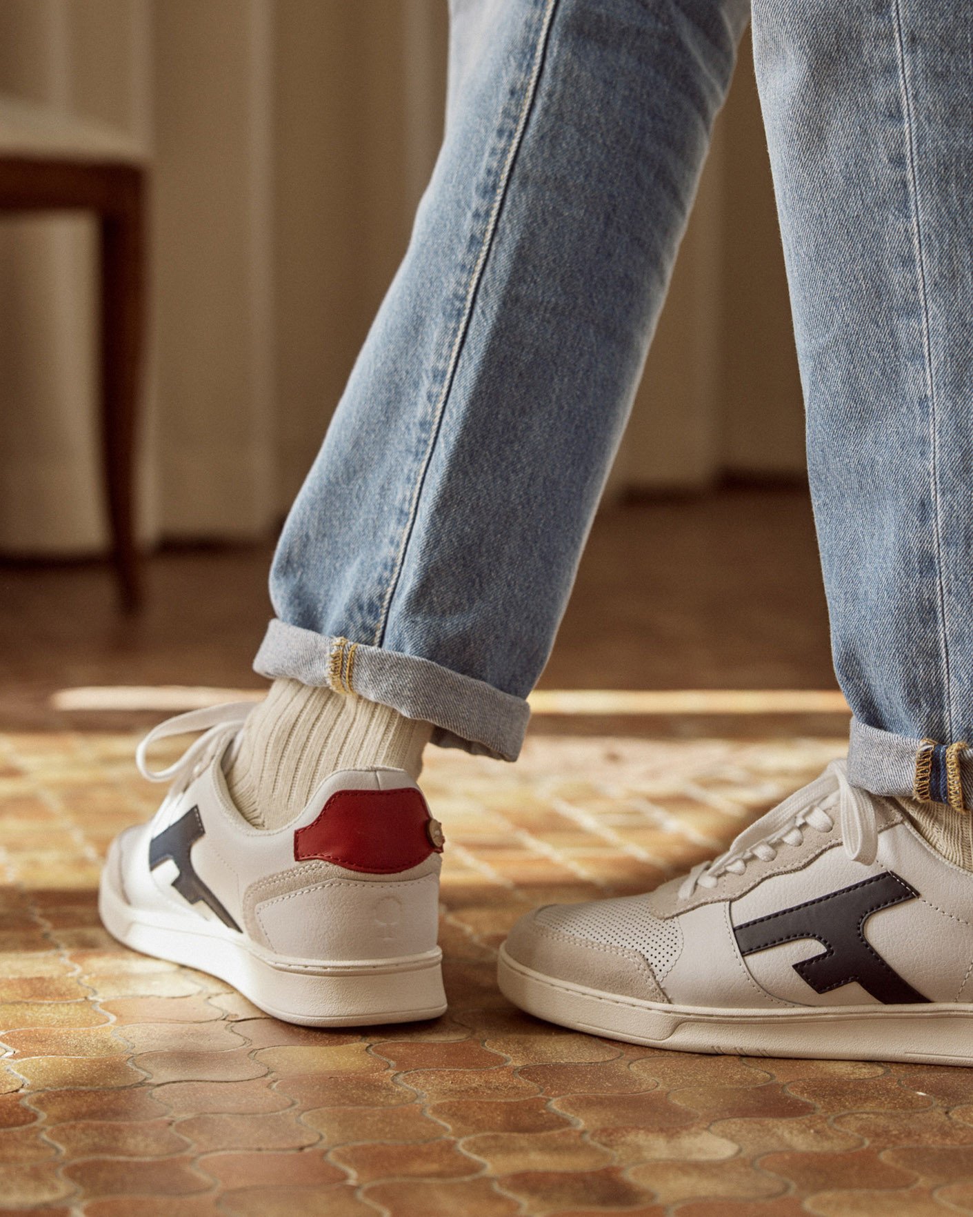 Baskets blanches, rouges & bleu marine cuir - HAZEL