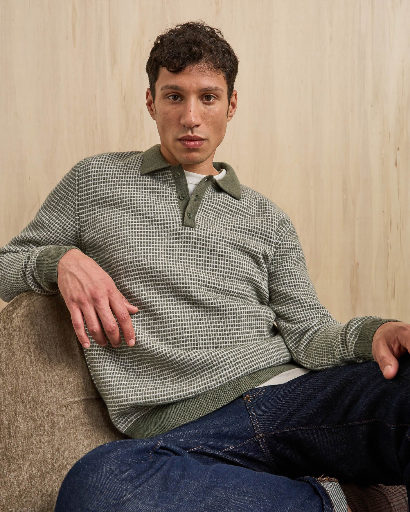 Polo vert foncé & écru laine - AUNLAY