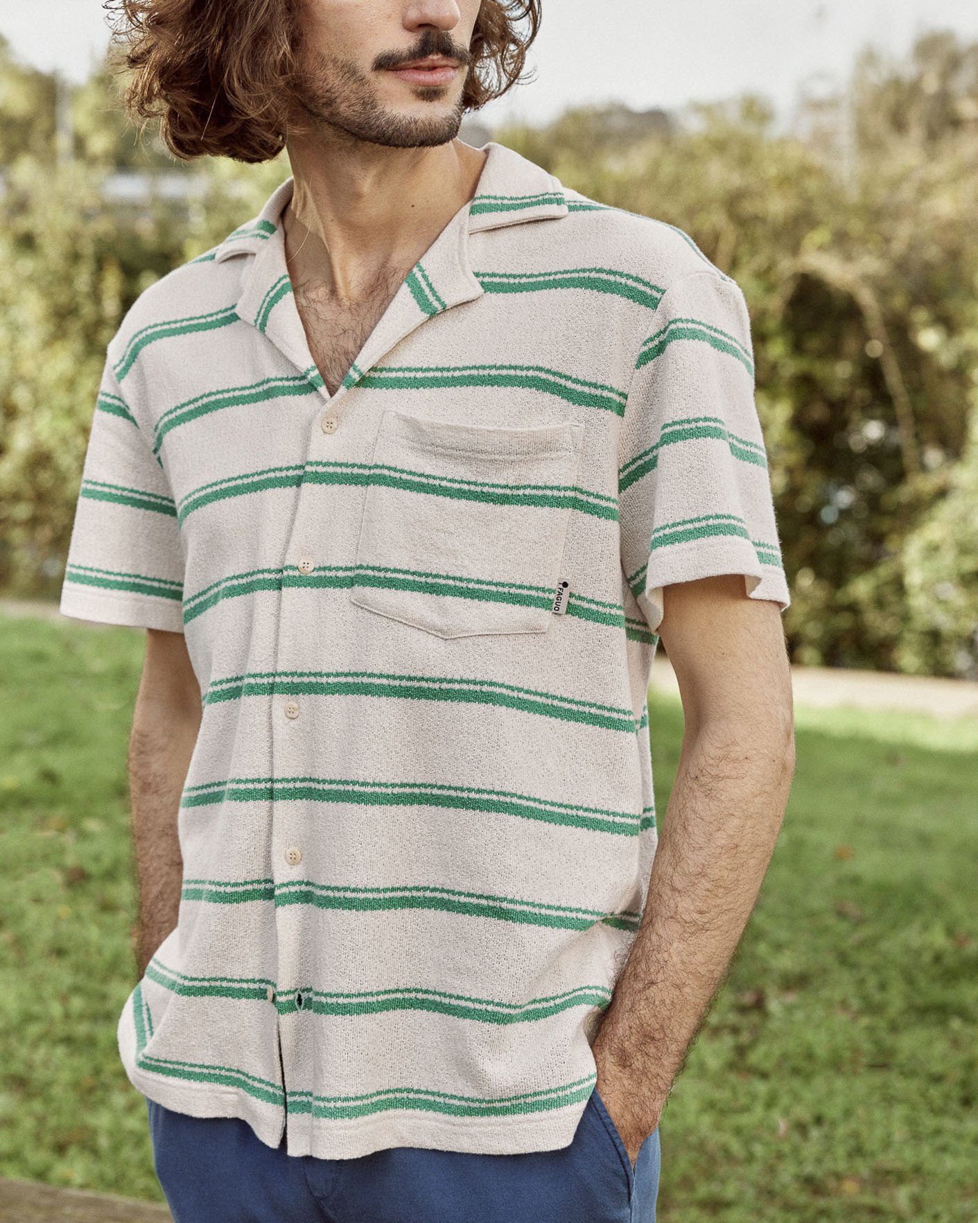 Chemise manches courtes écrue & verte coton - PAIOLIVE