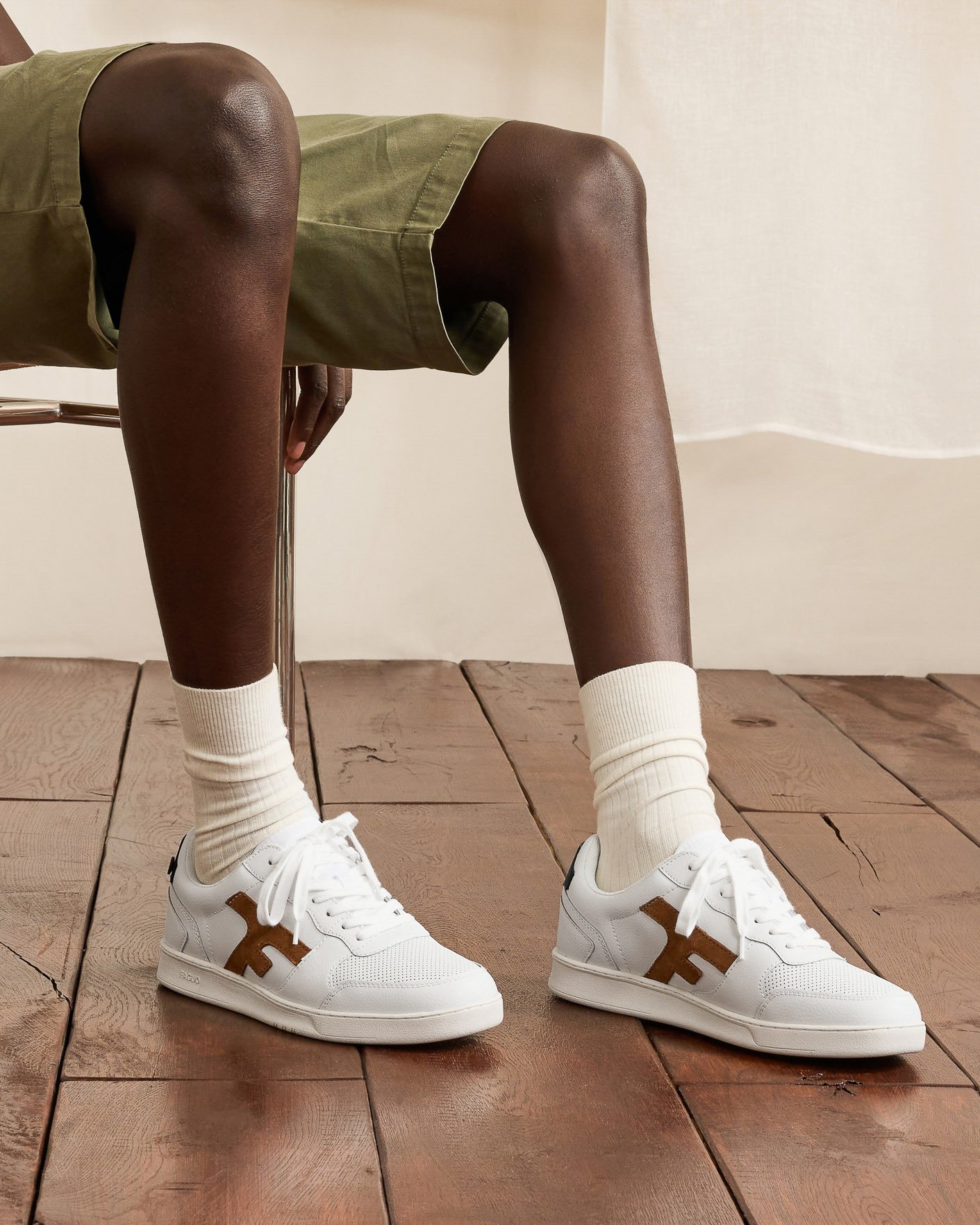 Baskets blanches, bleu marine & marron cuir - HAZEL