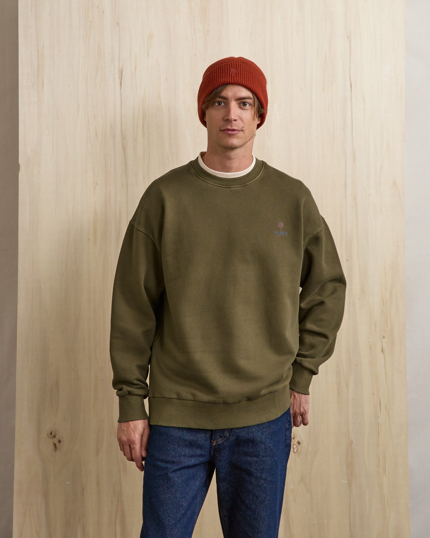 Sweat col rond vert olive foncé coton - FANGO