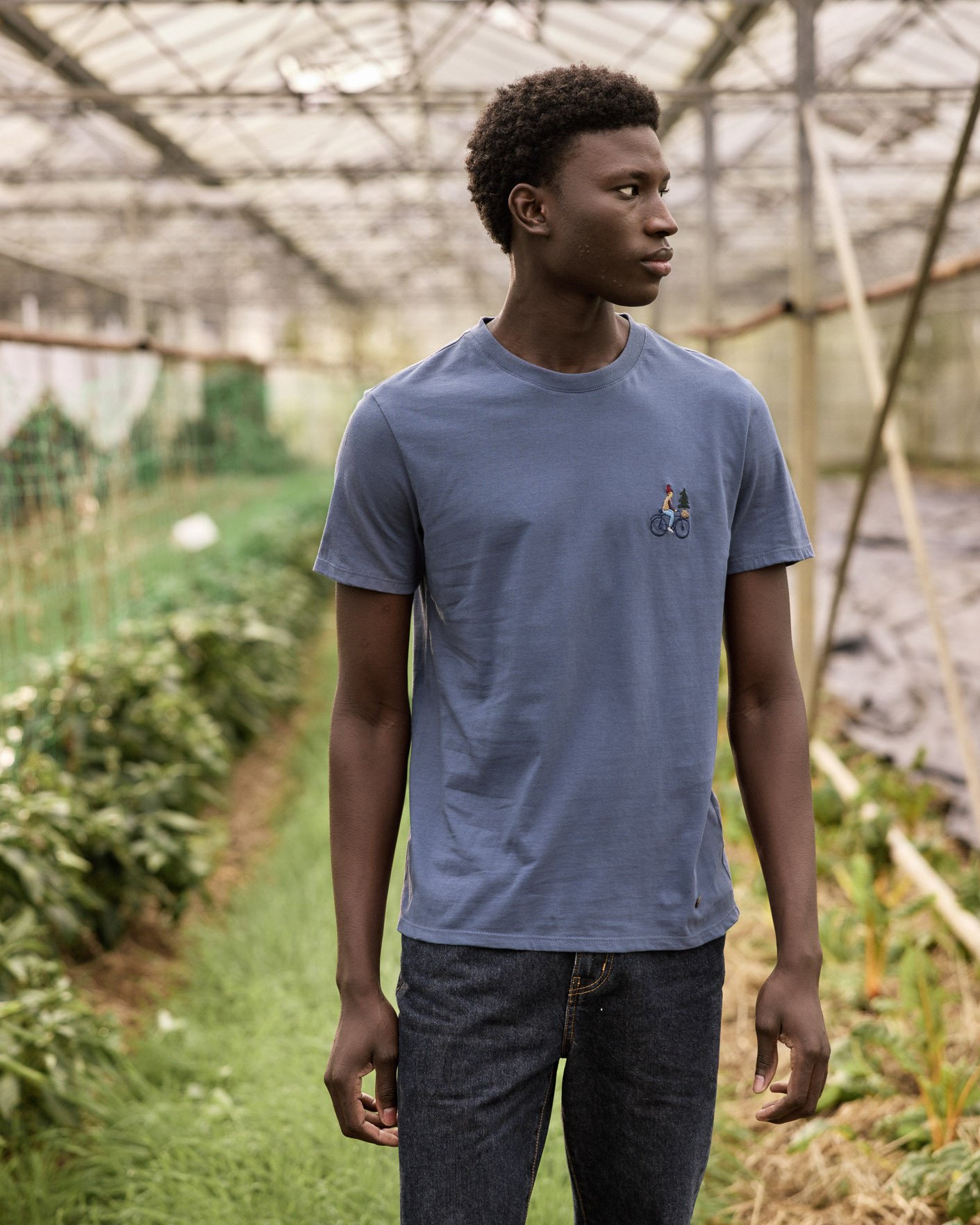 T-shirt bleu marine brodé vélo coton - ARCY