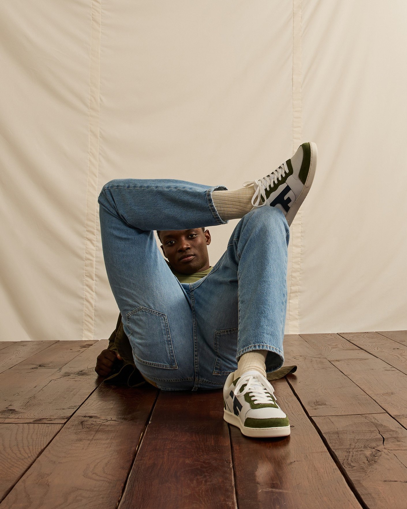 Baskets blanches & kaki foncé cuir - HAZEL