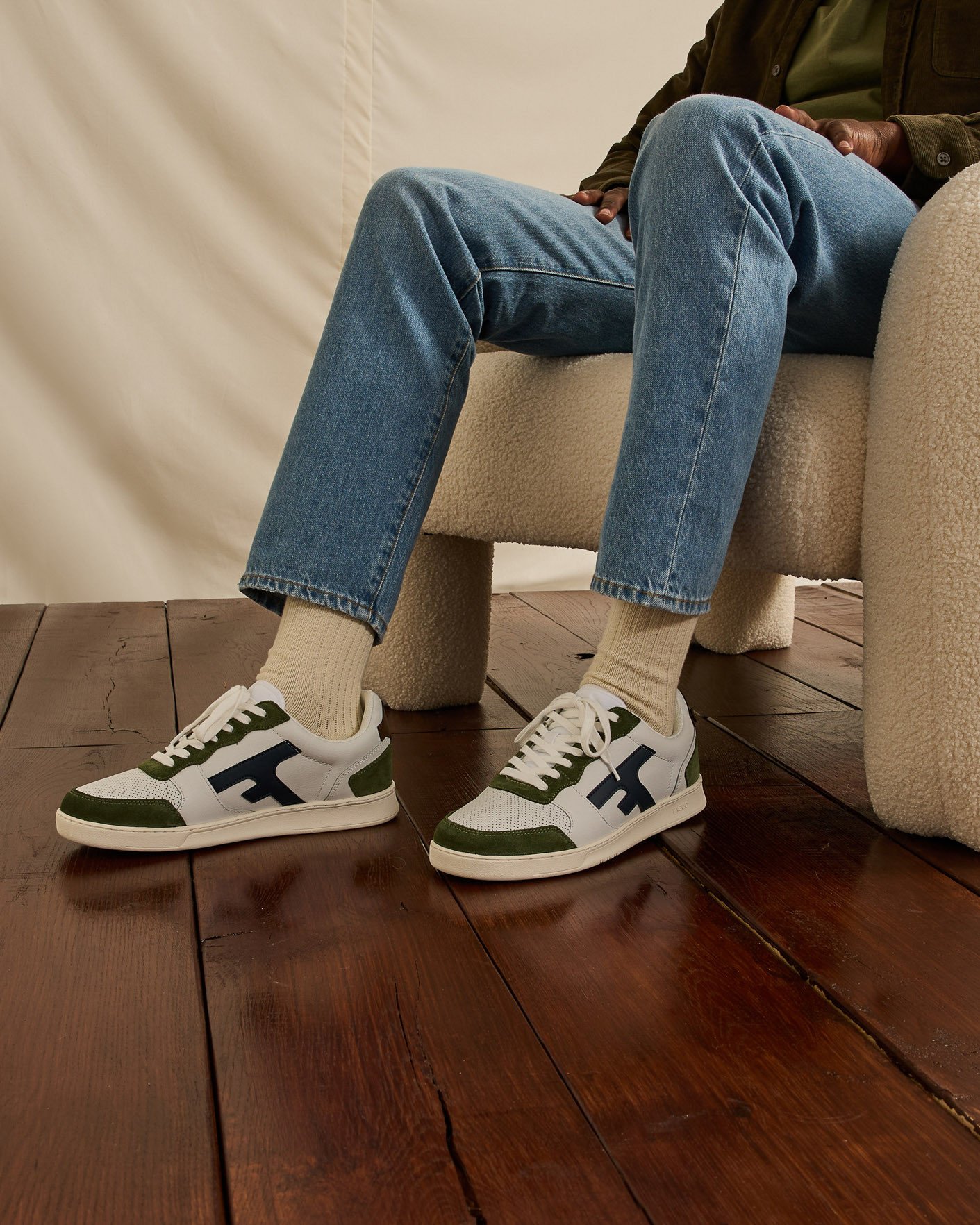 Baskets blanches & kaki foncé cuir - HAZEL