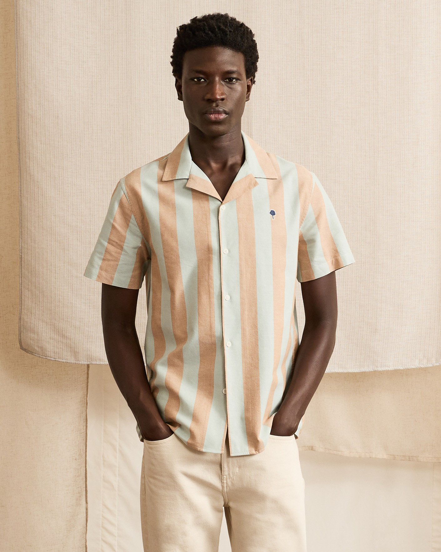 Chemise manches courtes bleu ciel & ocre coton - VIMY