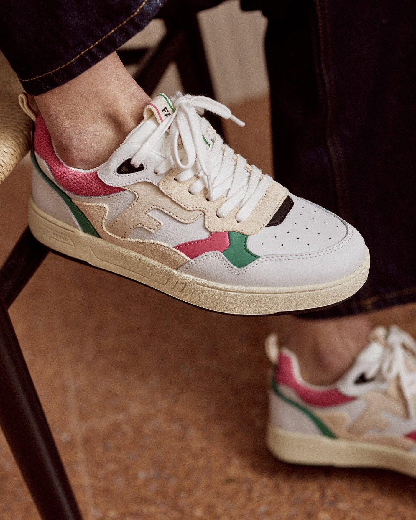 Baskets blanches, vertes & roses cuir - DAHLIA