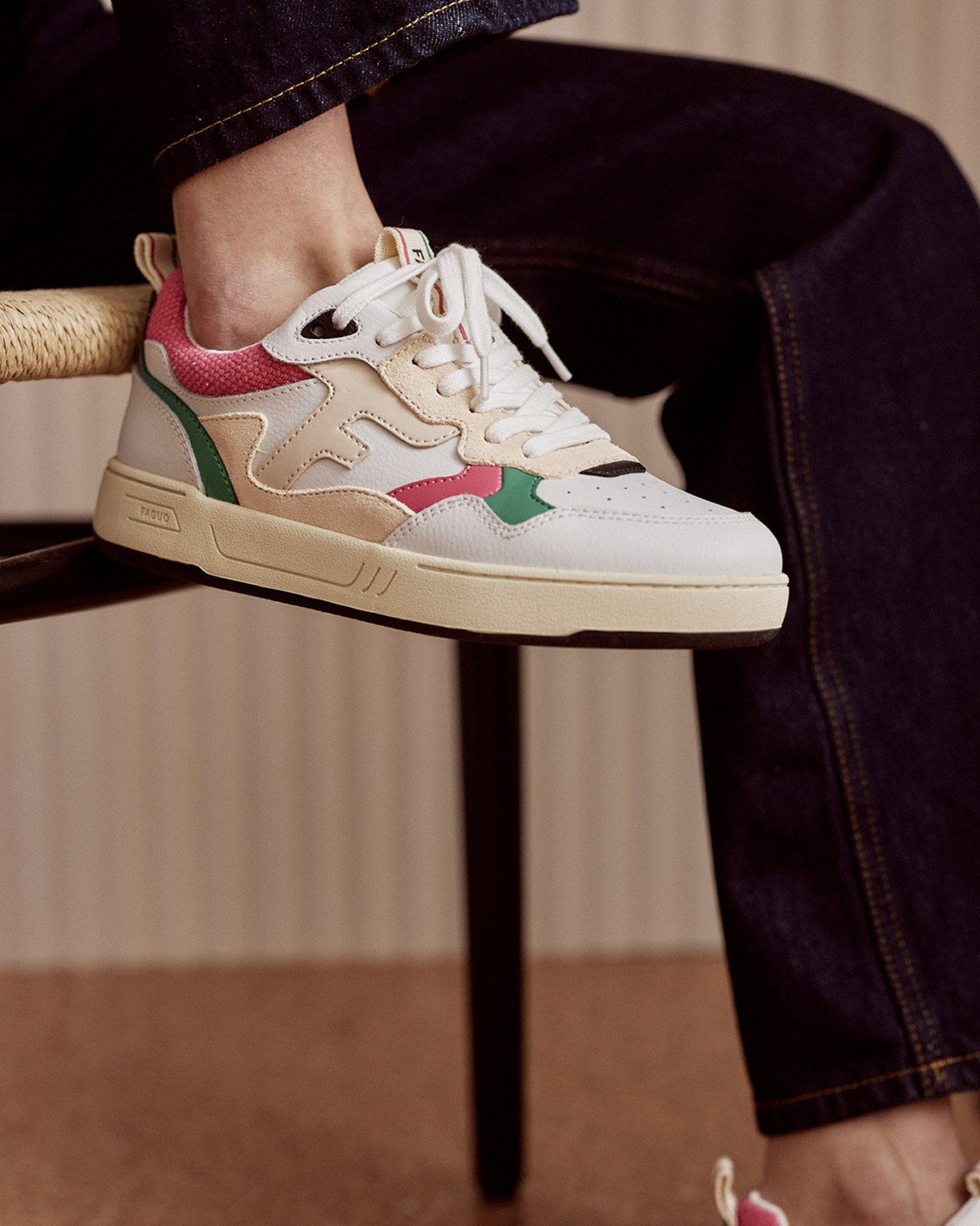 Baskets blanches, vertes & roses cuir - DAHLIA