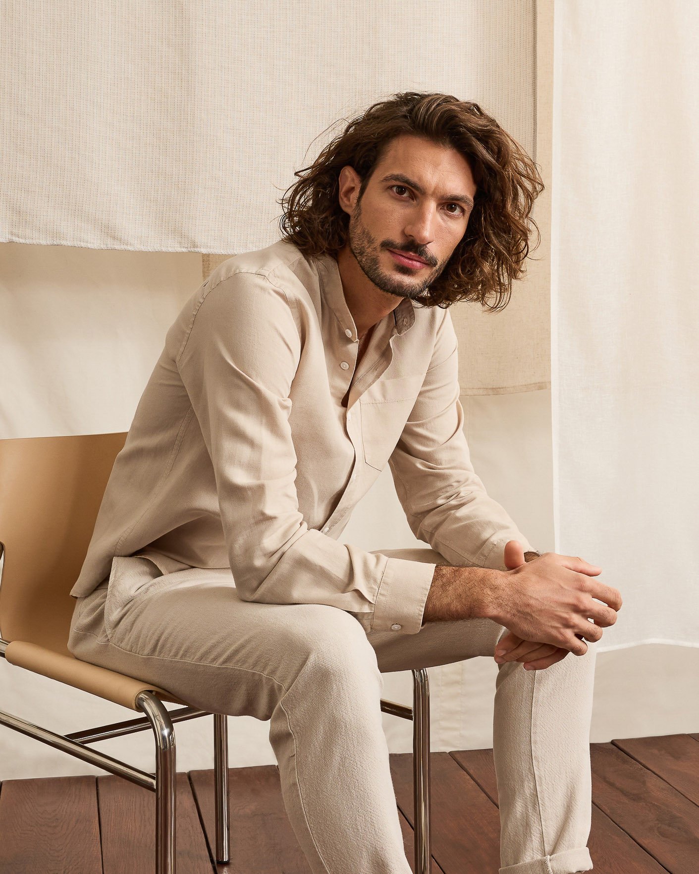 Chemise col officier écrue coton & lin - CHIAVARI